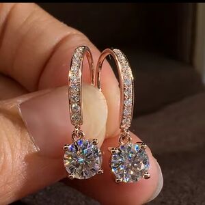 Elegant Rose Gold Round CZ Drop Hook Earrings
